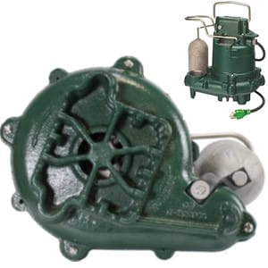 Pictured is the Zoeller Sump Pump M63 cast iron pump base and cast iron impeller. The usuage of cast iron will made the M683 more durable and prevent nicks from debirs and small solids. .